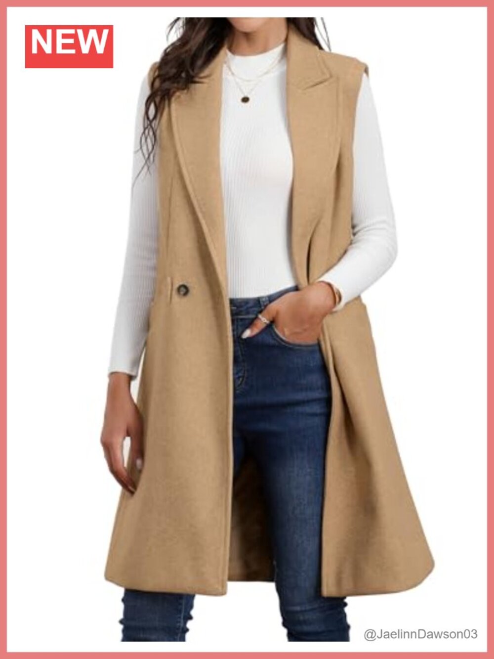 Womens Long Wool Blend Sleeveless Vest Button Front Knee Length Winter Coat
